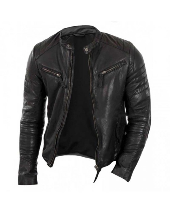 Men Quilted Cafe Racer Black Biker Leather Jacket Men Quilted Cafe Racer Black Biker Leather Jacket