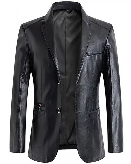 Black Real Leather and Faux Leather Blazer Coat