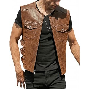Men Crewneck Sleeveless Leather Vest 