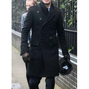 Fall David Beckham Style Men Long Casual Black Pea Coat