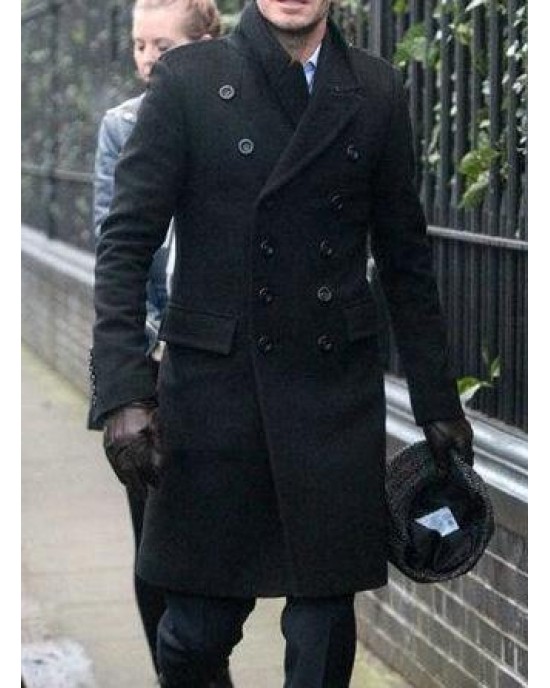 Fall David Beckham Style Men Long Casual Black Pea Coat