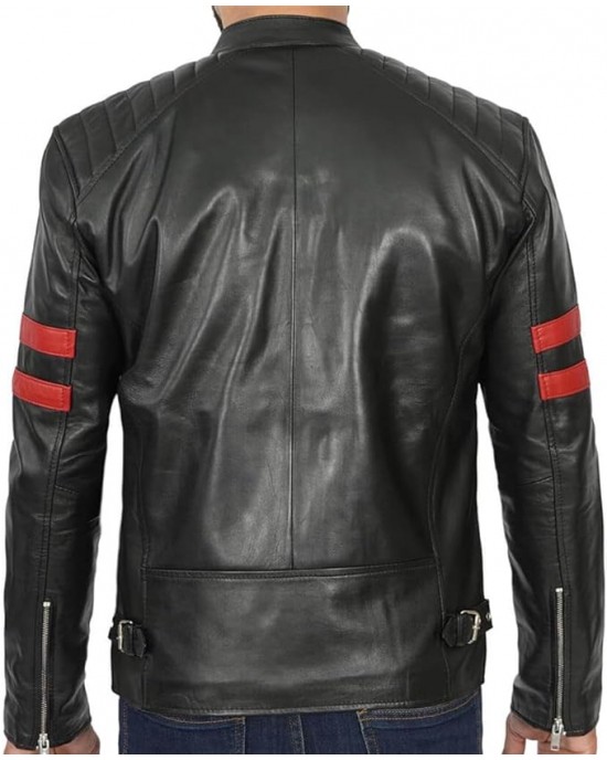 Vintage Retro Cafe Racer Red Stripes Leather Jacket Mens Vintage Retro Cafe Racer Red Stripes Leather Jacket Mens