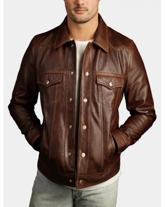 Vintage Style Brown Leather Trucker Jacket Vintage Style Brown Leather Trucker Jacket