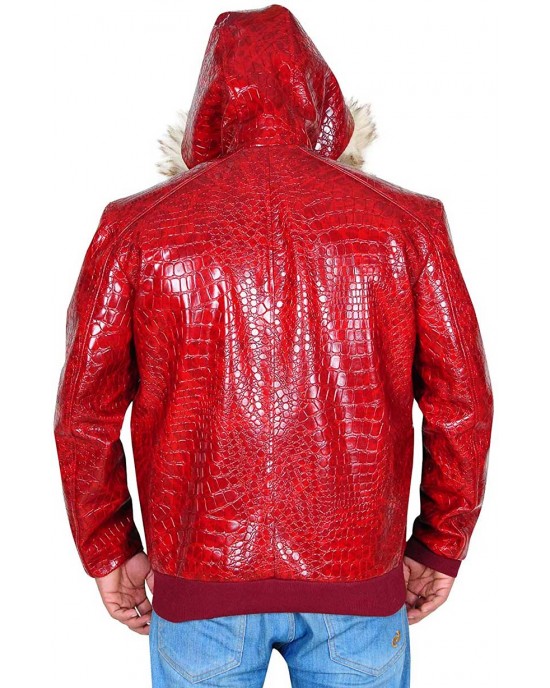 Men’s Fur Hoodie Red Crocodile Pattern Leather Jacket Men’s Fur Hoodie Red Crocodile Pattern Leather Jacket