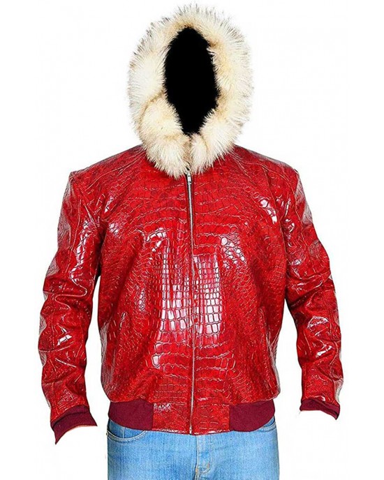 Men’s Fur Hoodie Red Crocodile Pattern Leather Jacket Men’s Fur Hoodie Red Crocodile Pattern Leather Jacket