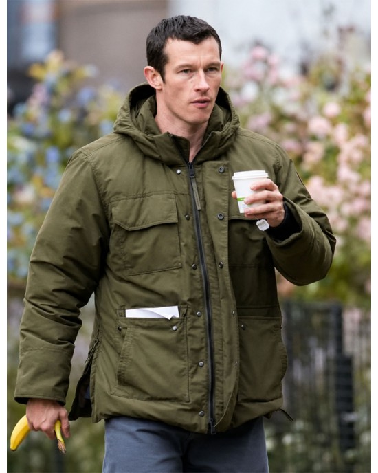 One Night Only Callum Turner Owen Olive Green Hooded Puffer Jacket One Night Only Callum Turner Owen Olive Green Hooded Puffer Jacket