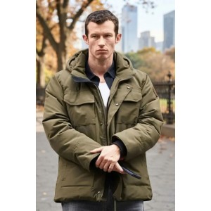 One Night Only Callum Turner Owen Olive Green Hooded Puffer Jacket One Night Only Callum Turner Owen Olive Green Hooded Puffer Jacket