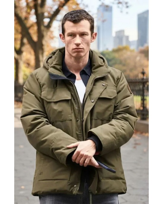 One Night Only Callum Turner Owen Olive Green Hooded Puffer Jacket One Night Only Callum Turner Owen Olive Green Hooded Puffer Jacket