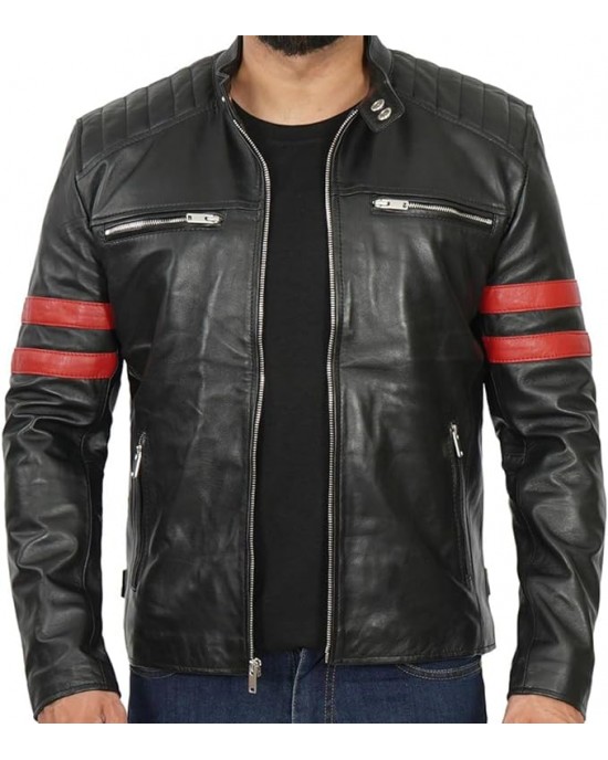 Vintage Retro Cafe Racer Red Stripes Leather Jacket Mens Vintage Retro Cafe Racer Red Stripes Leather Jacket Mens