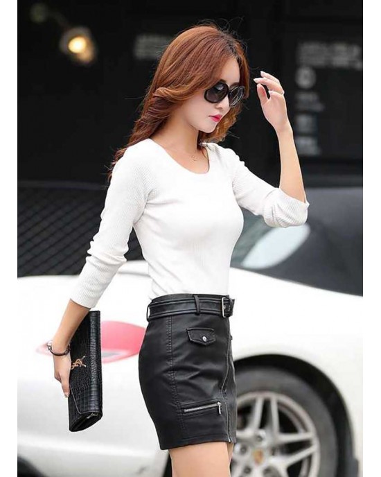 Ladies Zipper Bodycon Black Genuine Leather Mini Skirt Ladies Zipper Bodycon Black Genuine Leather Mini Skirt