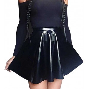 Womens Black Pleated Shiny PVC Mini Short Skirt