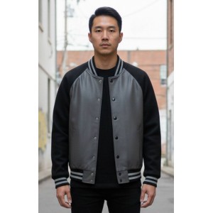 Grey Leather & Onyx Wool Varsity Jacket