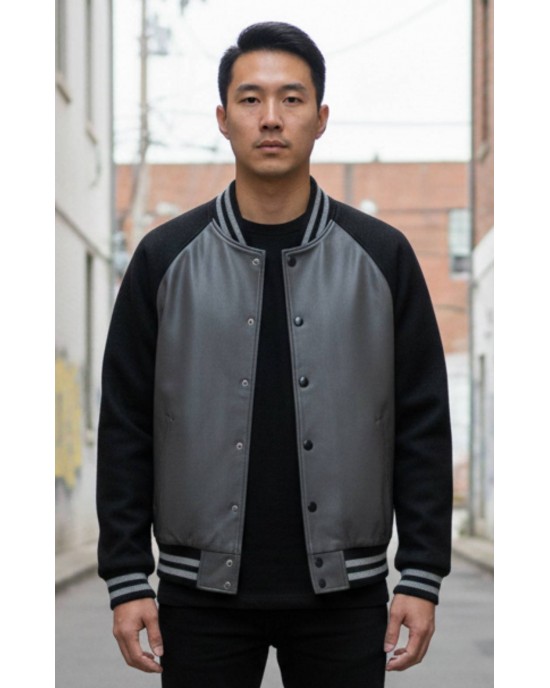 Grey Leather & Onyx Wool Varsity Jacket