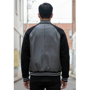 Grey Leather & Onyx Wool Varsity Jacket