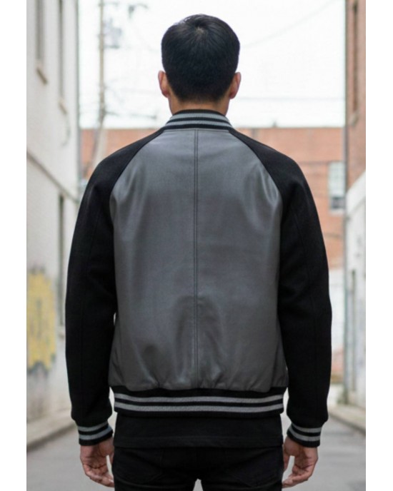 Grey Leather & Onyx Wool Varsity Jacket