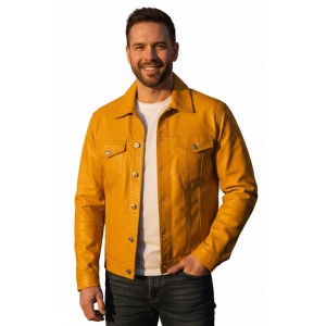 Men's Premium Mustard Yellow Genuine Leather Trucker Jacket