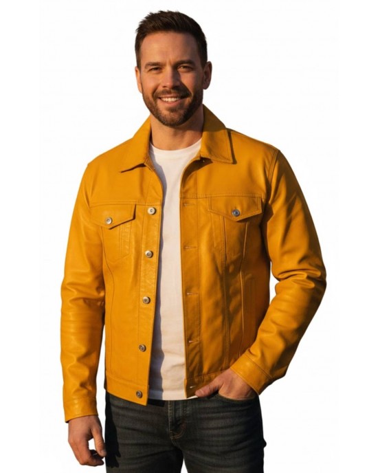 Men's Premium Mustard Yellow Genuine Leather Trucker Jacket