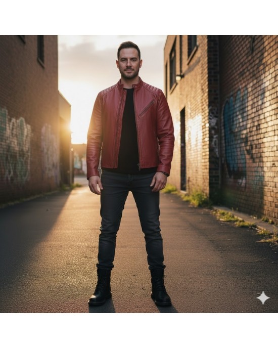 Premium Red Leather Cafe Racer Jacket Premium Red Leather Cafe Racer Jacket