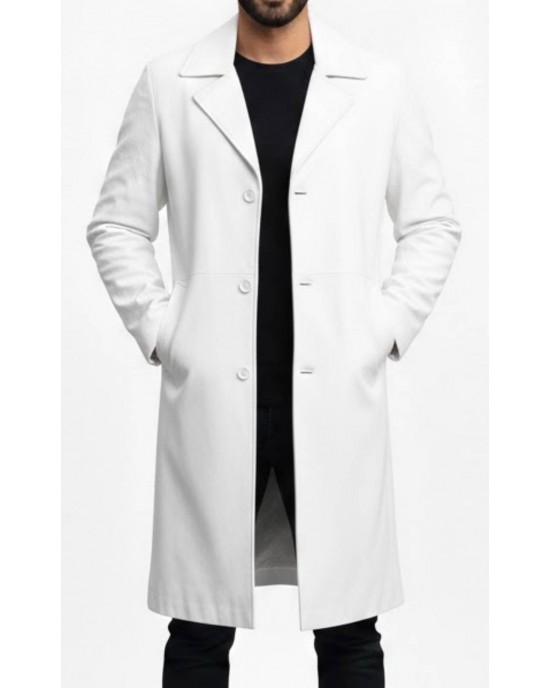Men’s Premium White Leather Long Coat